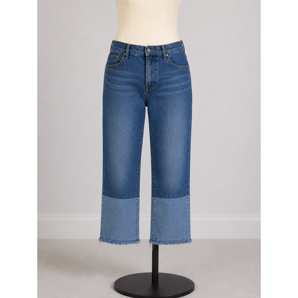 POL Clothing Two Tone Colorblock Straight Leg Cropped Jeans Raw Hem Blue Medium